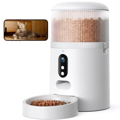 Image de Faroro Distributeur Croquettes Chat Automatique, Caméra HD 3MP avec Vision Nocturne, 2.4G WiFi Mangeoire pour Chat/Chien Audio Bidirectionnel, APP, Détection Mouvement et Double Alimentation