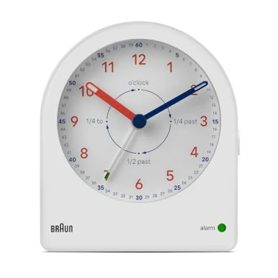 Image de Braun Réveil d&#039;apprentissage analogique Classique de avec Snooze, rétroéclairage continu et Mouvement à Quartz Silencieux, Cadran Facile Lire, Alarme sonore Crescendo, Blanc, modèle BC22TW.