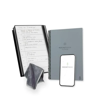 Image de Rocketbook Fusion Agenda Non Daté Réutilisable, Taille Executive 15 cm x 22,4 cm, Gris Objectifs, Calendrier Mensuel et Hebdomadaire, « To Do Lists » Quotidiennes, Pages Lignées Pointillées