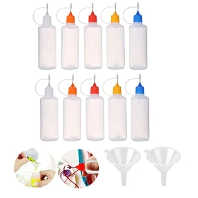 Image de Lot de 10 flacons colle vides 60 ml avec 2 mini entonnoirs, applicateurs en plastique embouts d&#039;aiguille pour colle, liquide, huile, bricolage, peinture acrylique (multicolore)