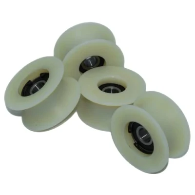Image de Lot de 4 roulettes poulie en nylon usiné 60 mm diamètre, différentes tailles rainure, fabriquées dans l&#039;UE (rainure 25 mm)