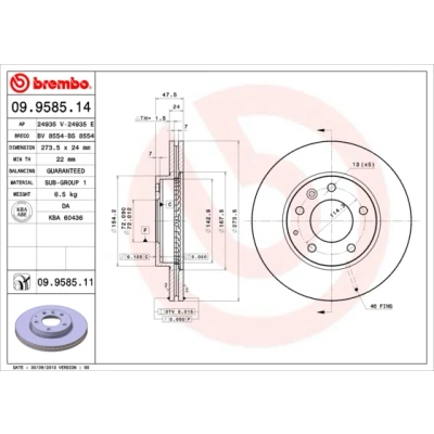 Image de BREMBO COATED DISC LINE 09.9585.11 Disque de frein 274 24 5 ventilé l&#039;intérieur revêtu MAZDA: 6 portes, Berline, Premacy