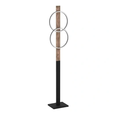 Image de Eglo Lampadaire LED Boyal, luminaire intérieur à pied avec 2 cercles lumineux, lampe de salon rustique en bois flambé et métal noir, éclairage blanc chaud, 150 cm