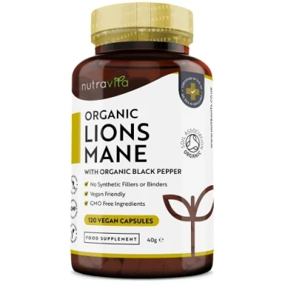 Image de Capsules Bio de Champignon Lions Mane avec ajout Poivre Noir 120 Végan Supplément Yamabushitake Sans Liants Synthétiques ni Charges Nutravita