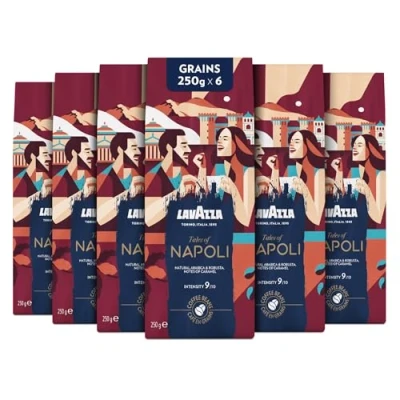 Image de Lavazza, Tales of Napoli, Café en Grains, 1.5 kg, pour les Machines à Automatiques, Notes de Cacao et Caramel, Arabica Robusta, Intensité 9/10, Torréfaction Foncée, 6 x 250g