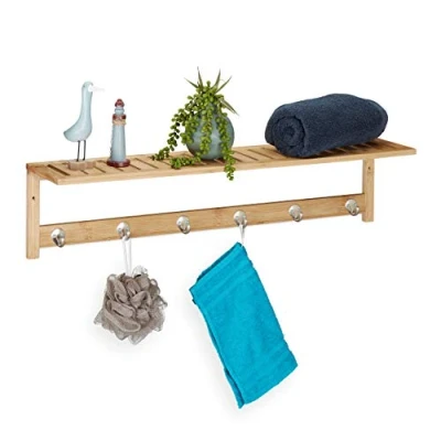 Image de relaxdays, Porte Serviettes Mural Supports, 6 Crochets, Bain et entrée, étroit, Bambou,HlP 18 x 75 16 cm, Garde Robe, métal, Naturel, 1 élément