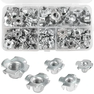 Image de 90 Pièces Écrous à Griffes, D&#039;écrous En T Acier au Carbone, Quatre Dents, 4 Griffes Insert Fileté M3 M4 M5 M6 M8 pour Travail du Bois Jambe de Meubles Butée