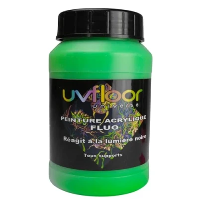 Image de UV FLOOR Peinture Acrylique Vert Fluo Spéciale Lumière Noire Et Ultra Violet Flashy Fluide Pigmentée Fluorescent 250ml