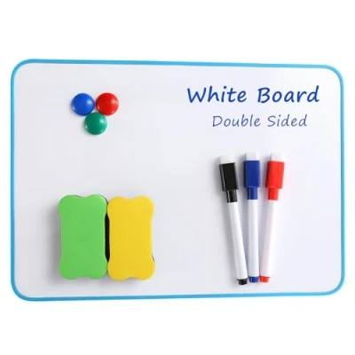 Image de Ensemble de tableau blanc effacable magnetique enfant format A4 (30 x 21 cm), comprenant des marqueurs effaçables à sec, aimants et gomme effacer pour blanc.
