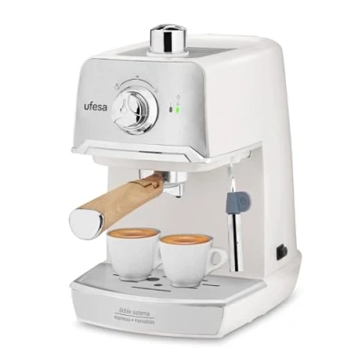 Image de Ufesa CE7238 Machine à Café Expresso et Cappuccino, Buse Vapeur, 20 Bars, 2 Modes: Moulu ou Dose Unique, Réservoir d&#039;1.2L, Plateau Réchauffe Tasses, 850W, Cream