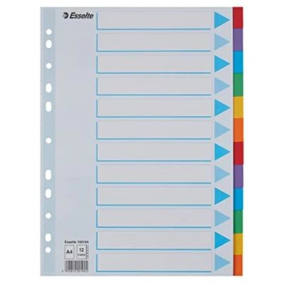 Image de Esselte Intercalaires A4 12 Touches, Bleu/Multicolore, Carton Résistant Recyclé, Onglets avec Table des Matières, 100194