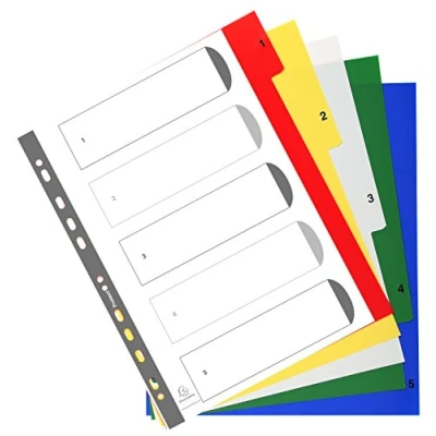 Image de Exacompta Réf. 85E Intercalaires en polypropylène avec 5 onglets imprimés numériques de 1 à couleur Page d&#039;indexation imprimable Format classer A4 maxi Dimensions 24,5 x 29,7 cm
