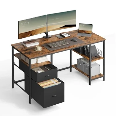 Image de VASAGLE Bureau d’Ordinateur, Table avec Rangement, 3 Étagères, 2 Tiroirs, 60 x 140 76 cm, pour Bureau, Salon, Style Industriel, Marron Rustique et Noir LWD104B01