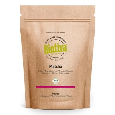 Image de Thé Matcha bio 100g Poudre de véritable Thé, latte, smoothies haut gamme 100% issu l&#039;agriculture durable Conditionné et contrôlé en Allemagne Biotiva