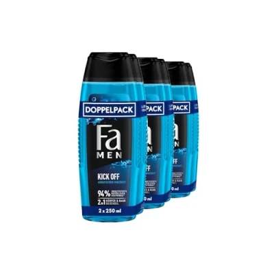 Image de FA Gel douche 2 en 1 pour homme Kick Off Lot de (3 x 250 ml) Formule cheveux et corps Activez vos sens avec le parfum intense frais masculin d&#039;eucalyptus menthe