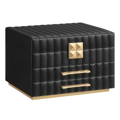 Image de SONGMICS HOME ANAH Collection Boîte à Bijoux 3 Étages avec Miroir, Organiseur, 2 Tiroirs, Surface PU Coutures, Effet Suspendu, 21,5 x 24 15,8 cm, Idée Cadeau, Noir d&#039;Encre JBC183B01