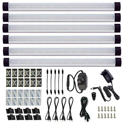 Image de AIBOO Gradable Lot de 6 Barre LED avec Interrupteur, Cuisine Sous Armoire Lumière, Lampes Bar Gradateur à Cadran pour Comptoir,Garde robe,Éclairage Placard (Blanche Chaude2700K)