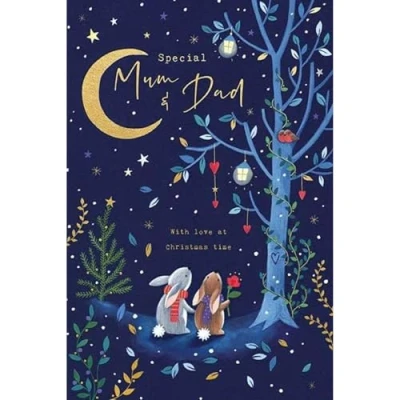 Image de Paperlink Carte De vœux artistique Noël Maman et papa Lapins observant les étoiles la gamme Woodland Wonders En relief avec une finition feuille d&#039;or, multicolore, 153 x 228 mm