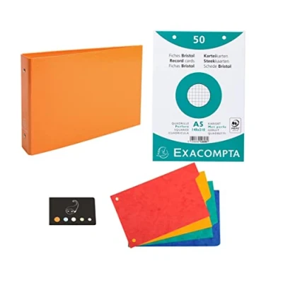 Image de Classeur Pour Fiches + 100 Bristol A5 Quadrillées Perforées 4 Intercalaires 1 Index Adhésif Blumie (Orange)
