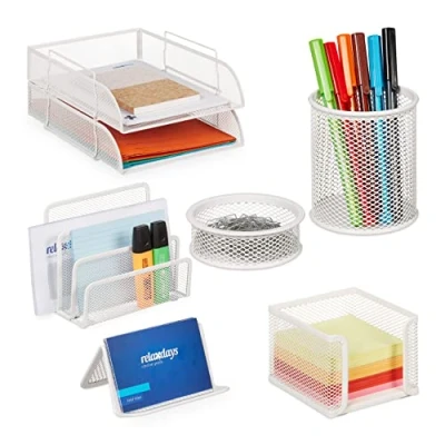 Image de Relaxdays Organiseur Bureau 7 pièces, métal, Range Documents, Lettres, Notes, Porte stylos, Trombones, Blanc