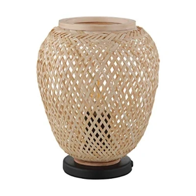 Image de Eglo lampe de table chevet Dembleby, osier à poser au style vintage, naturel, bohème, luminaire en bois tressé brun clair avec interrupteur, acier, douille E27