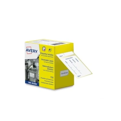Image de Avery Lot de 150 étiquettes traçabilité alimentaire lavables/dissolvables, 70 x 40 mm, blanches, bleues, inscriptibles, pré imprimées, faciles à laver