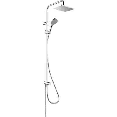 Image de hansgrohe Vernis Shape Colonne de douche sans mitigeur, pluie (230 x 170 mm) avec inverseur, douchette (2 jets), support, flexible douche, barre et tête carrée 1 jet, Chromé