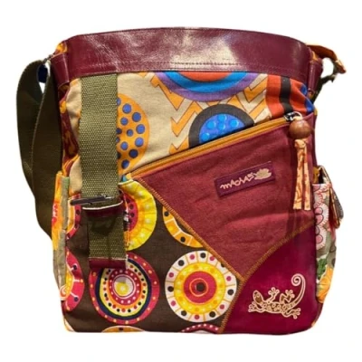 Image de Macha Sac Ethnique en coton aux imprimés colorés et empiècements cuir, à bandouliere boho hippie Pour Femme Indien coloré (Camel)