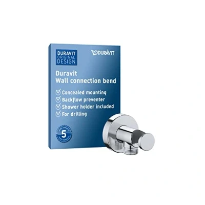 Image de Duravit Universal Coude de raccordement mural, raccord tuyau support douche inclus, douchette avec cache mural rond, rosace ronde, chromé