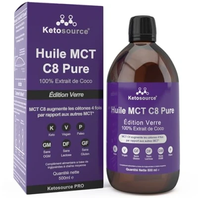 Image de Huile MCT Pure C8 Bouteille en verre Produit 4 fois plus de cétones que les autres huiles Pureté élevée 99%+ 100% noix coco Conforme au Keto et jeûne 500 ml Ketosource®