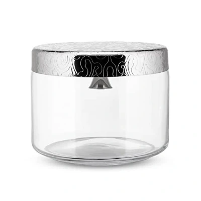Image de Alessi Mw29 Dressed Boîte à Biscuits en Verre, Couvercle Acier Inoxydable 18/10 Brillant avec Clochette et Décoration Relief