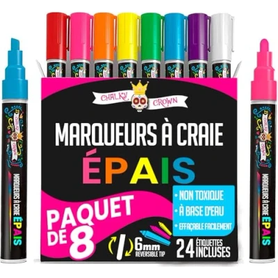 Image de Chalky Crown Stylo Craie, Craie Pour Tableau Noir, Feutre Marqueurs à Couleurs Vives (Lot de 8) Effaçables Sec Tableaux, Enseignes, Fenêtres, Verre 6 mm Multicolore