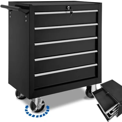 Image de TecTake® Chariot d&#039;atelier Metallique Servante Vide Trolley Professionnel 5 Tiroirs spacieux Verrouillables a Roulette pour Rangement Atelier Garage Noir