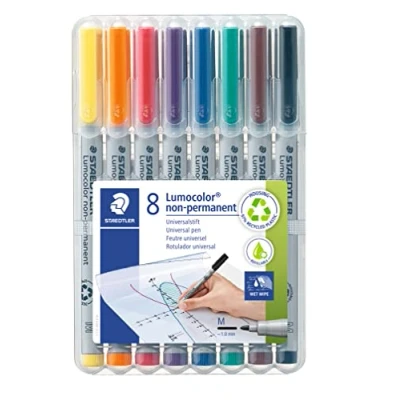 Image de Staedtler Lumocolor 315, Feutres non permanents à Pointe moyenne pour toutes les surfaces, Sans xylène ni toluène, Set de 8 couleurs lumineuses, ogive 1.0 mm, 315 WP8