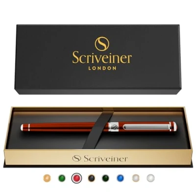 Image de Scriveiner Deep Crimson Red Rollerball Coffret Stylo Roller Rouge Pourpre Laqué Finition Acier Chromé, Rechargeable, Beau Cadeau pour Homme &amp; Femme avec Boîte, Accessoire de Bureau Professionnel
