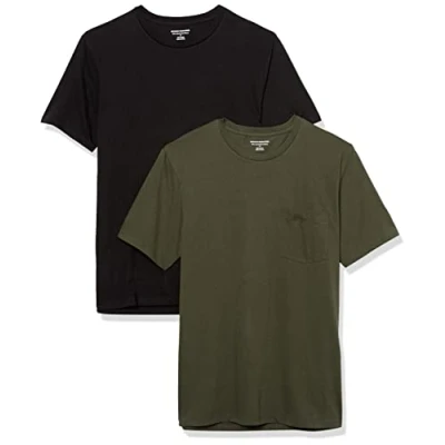 Image de Amazon Essentials T shirt à coupe ajustée, manches courtes et col roulé Homme, Lot de 2, Noir/Vert Olive, L