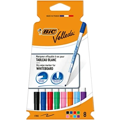 Image de BIC Velleda 1721 Feutres Effaçables A Sec à Pointe Fine pour Tableau Blanc Couleurs assorties, Pack Carton de 8