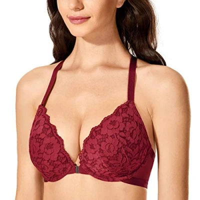 Image de DOBREVA Femme Soutien Gorge Fermeture Devant Push Up Decollete Plongeant avec Armature Dos Nageur Dentelle Cerise 90C