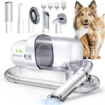 Image de Gimars 5 Outils de Toilettage Aspirateur Poil Chien 2,3L avec Brosse &amp; Tondeuse, Puissance d&#039;Aspiration 3k/7k/12k Pa, Épilateur Ultra Silencieux Poils d&#039;Animaux Longs et Chat