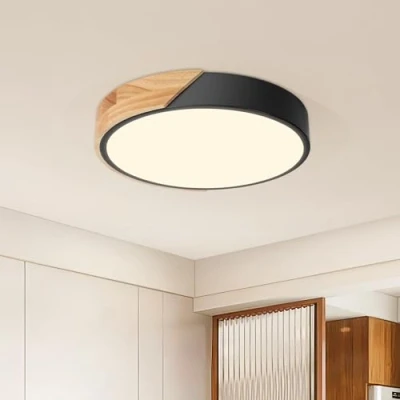 Image de Kambo Plafonnier LED Rond en Bois Noir 24W Ø30cm, Luminaire Moderne Plat nordique à Panneau Intégré 3000K 2400LM pour Salon Chambre Cuisine Couloir Facile Installer