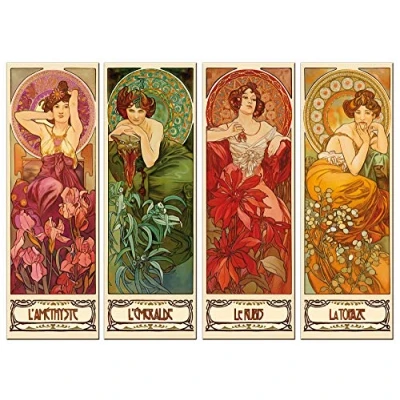 Image de 1art1 Alphonse Mucha Poster Impression sur Toile Les Pierres Précieuses, 1900, 4 Parties Affiche Murale XXL Encadrée Tendue Cadre en Bois Tableau 120x90 cm
