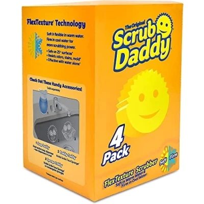 Image de Scrub Daddy Original Éponge à Récurer Smiley Anti Rayure, Eponges Lavables Reutilisables Antibactériennes Flextexture, Eponge Vaisselle pour Menage, Cuisine et Salle de Bain, Jaune, Lot 4