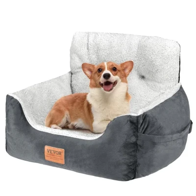 Image de VEVOR siège auto pour chien petit 9 kg, rehausseur chiens avec dossier haut, poche de rangement, laisse sécurité à clipser, rembourrage coton PP, lit animal compagnie, gris foncé