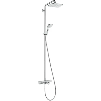 Image de hansgrohe Croma E Colonne de douche avec mitigeur thermostatique baignoire, pluie (280 x 170 mm) robinet, douchette (3 jets), support, flexible, barre et tête carrée, Chromé