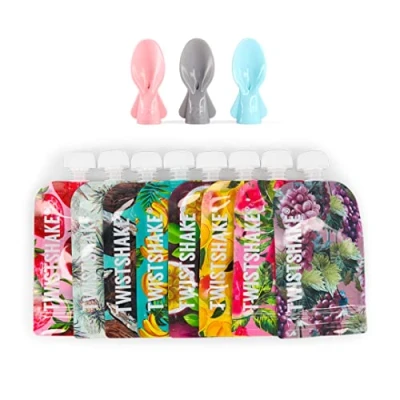 Image de Twistshake 8x Pochettes Alimentaires Réutilisables 100ml + 3x Cuillières Pour Double Fermeture Zip et Cuillères Bébé Sans BPA