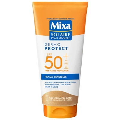 Image de Mixa Solaire Peau Sensible Lait Très Haute Protection SPF50+ UVA, UVA longs, UVB Peaux Allergiques au Soleil Résistant à l&#039;Eau Hypoallergénique, Sans Parfum 175ml