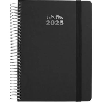 Image de Grafoplas Agenda 2025 un jour par page Motif fantaisie Noir 15 x 21 cm Couverture rigide doublée tissu Fermeture élastique verticale Coins arrondis Avec autocollants Certifié FSC