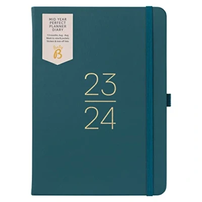 Image de Busy B Agenda de mi année Perfect Planner Août 2023 2024 Vert Sapin semainier A5 en similicuir avec autocollants, porte stylos et bloc notes