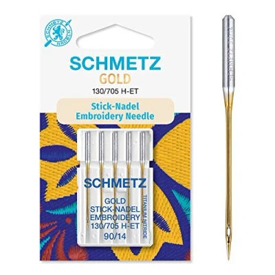 Image de Schmetz Aiguilles pour machine à coudre (89 types/tailles) Enfile aiguille inclus, Single Packet, Gold Embroidery 90/14 + Threader