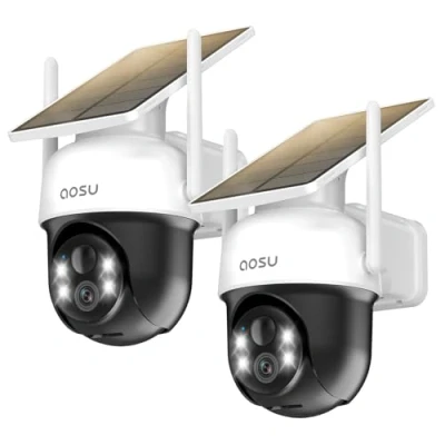 Image de AOSU 2 Paquets 2K Camera Surveillance WiFi Exterieure sans Fil Solaire Exterieur, 3MP 360Panoramique PTZ, Vision Vocturne, Alarme Lumineuse et Sonore, Audio Bidirectionnel